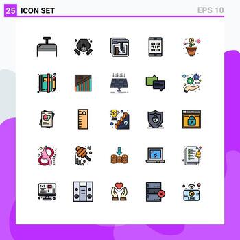 25 colores planos de línea rellena universal establecidos para el crecimiento de aplicaciones web y móviles qr código de teléfono creativo elementos de diseño vectorial editables vector