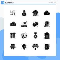 Modern Set of 16 Solid Glyphs Pictograph of film overcast food clouded data Editable Vector Design Elements