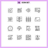 Pack of 16 Modern Outlines Signs and Symbols for Web Print Media such as cinema film sun security folder Editable Vector Design Elements