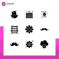 Group of 9 Solid Glyphs Signs and Symbols for science gear dna cog station Editable Vector Design Elements