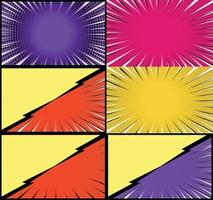 Comic book colorful frames background with halftone rays radial and dotted effects pop art style vector