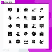 conjunto de pictogramas de 25 glifos sólidos simples de elementos de diseño vectorial editables del hotel de viaje del carrito de moneda yuan vector
