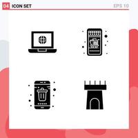 Modern Set of 4 Solid Glyphs Pictograph of laptop delete internet cart smartphone Editable Vector Design Elements