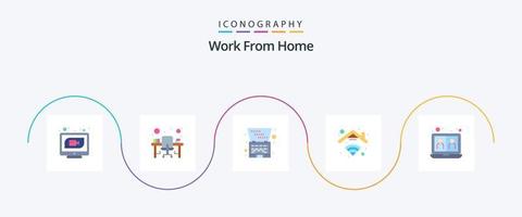 paquete de iconos de trabajo desde casa plana 5 que incluye conexión. Internet. escritorio de oficina. casa. computadora portátil vector