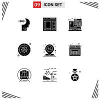 9 Thematic Vector Solid Glyphs and Editable Symbols of target cog page gear web Editable Vector Design Elements