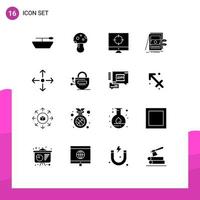 Set of 16 Vector Solid Glyphs on Grid for lock expand targeting arrow system Editable Vector Design Elements