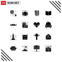 Universal Icon Symbols Group of 16 Modern Solid Glyphs of moustache layout essential tools page open Editable Vector Design Elements