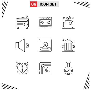 Pictogram Set of 9 Simple Outlines of center volume record speaker science Editable Vector Design Elements
