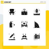 Editable Vector Line Pack of 9 Simple Solid Glyphs of table desk rocket computer detergent Editable Vector Design Elements