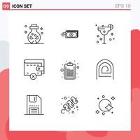 User Interface Pack of 9 Basic Outlines of clipboard wallet currency money margarita Editable Vector Design Elements