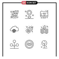 Mobile Interface Outline Set of 9 Pictograms of tag hub monitor globe network Editable Vector Design Elements