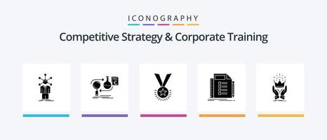 estrategia competitiva y paquete de iconos de glifo 5 de capacitación corporativa que incluye la lista. cinta. desarrollo. reputación. medalla. diseño de iconos creativos vector