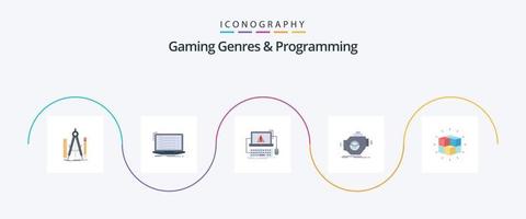 Gaming Genres And Programming Flat 5 Icon Pack Including machine. engine. developer. system. error vector