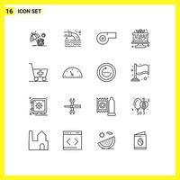 Modern Set of 16 Outlines Pictograph of gauge medical sport trolley food Editable Vector Design Elements