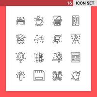 Set of 16 Vector Outlines on Grid for phone multimedia cup movie laptop Editable Vector Design Elements