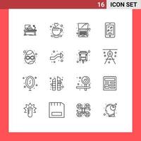 Set of 16 Vector Outlines on Grid for phone multimedia cup movie laptop Editable Vector Design Elements