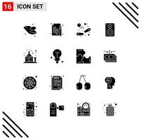 Group of 16 Modern Solid Glyphs Set for chemistry monitor pinball loudspeaker audio Editable Vector Design Elements