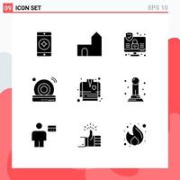 Pack of 9 Modern Solid Glyphs Signs and Symbols for Web Print Media such as fireman fire fighting computer internet dvd Editable Vector Design Elements