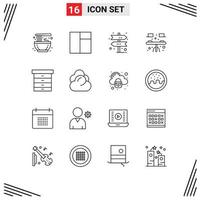 Modern Set of 16 Outlines and symbols such as cloud furniture direction drawer table Editable Vector Design Elements