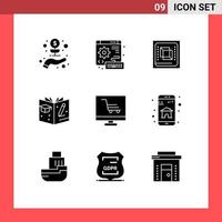 paquete de 9 signos y símbolos de glifos sólidos modernos para medios de impresión web, como elementos de diseño de vectores editables del procesador de graduados de chips de libros de productos