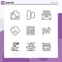 Mobile Interface Outline Set of 9 Pictograms of basic data communication cloud letter Editable Vector Design Elements