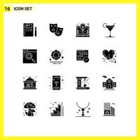 Set of 16 Vector Solid Glyphs on Grid for search browser bulb lemon cocktail Editable Vector Design Elements