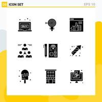 Set of 9 Commercial Solid Glyphs pack for group connect bulb web up Editable Vector Design Elements