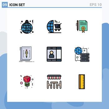 conjunto de colores planos de línea de relleno de interfaz móvil de 9 pictogramas de edición de idioma documentos de código de compras elementos de diseño vectorial editables vector