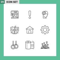 Group of 9 Modern Outlines Set for house building process care energy Editable Vector Design Elements