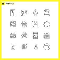 Group of 16 Modern Outlines Set for faq seat astronaut food coffee Editable Vector Design Elements