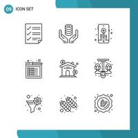 Mobile Interface Outline Set of 9 Pictograms of asset tab secure internet hobby Editable Vector Design Elements