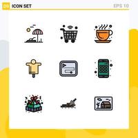 Mobile Interface Filledline Flat Color Set of 9 Pictograms of point scarecrow wifi farming agriculture Editable Vector Design Elements