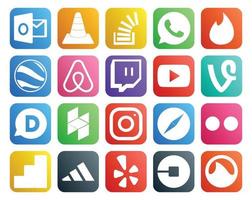 Paquete de 20 íconos de redes sociales que incluye contracción de video de whatsapp de houzz vine