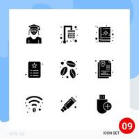 Set of 9 Modern UI Icons Symbols Signs for coffee bean caffeine medical book identity id card Editable Vector Design Elements