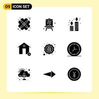 Modern Set of 9 Solid Glyphs Pictograph of wreath house candle estate coin Editable Vector Design Elements