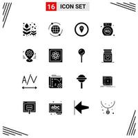 Group of 16 Modern Solid Glyphs Set for map gear gps gym dumbbell Editable Vector Design Elements