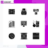 Set of 9 Commercial Solid Glyphs pack for district business message buildings alphabet Editable Vector Design Elements