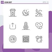 Pictogram Set of 9 Simple Outlines of heart lock horror control up Editable Vector Design Elements