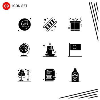 Editable Vector Line Pack of 9 Simple Solid Glyphs of candle wax burning light box map globe Editable Vector Design Elements