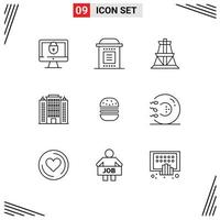 User Interface Pack of 9 Basic Outlines of burger building party architecture transmission tower Editable Vector Design Elements