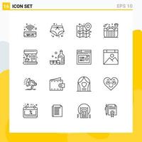 Pictogram Set of 16 Simple Outlines of coffee box map gift basket Editable Vector Design Elements