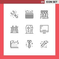 Pack of 9 Modern Outlines Signs and Symbols for Web Print Media such as coffin electric agriculture elevator vegetable Editable Vector Design Elements