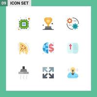 Mobile Interface Flat Color Set of 9 Pictograms of finance food canada pizza setting Editable Vector Design Elements