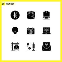 9 Thematic Vector Solid Glyphs and Editable Symbols of earth calender shipping ui bulb Editable Vector Design Elements