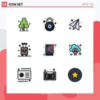 9 Universal Filledline Flat Color Signs Symbols of book summer security suitcase holiday Editable Vector Design Elements