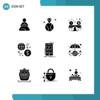 Group of 9 Solid Glyphs Signs and Symbols for player media budget planning transaction global Editable Vector Design Elements