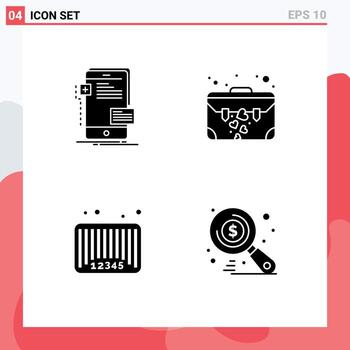 Modern Set of 4 Solid Glyphs Pictograph of frontend sale phone brief bar code Editable Vector Design Elements