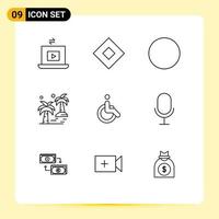 Mobile Interface Outline Set of 9 Pictograms of movement weelchair circle arecaceae tree Editable Vector Design Elements