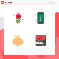 Set of 4 Vector Flat Icons on Grid for blossom pumpkin rose more computer Editable Vector Design Elements