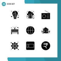 Mobile Interface Solid Glyph Set of 9 Pictograms of earth stop music notice technology Editable Vector Design Elements